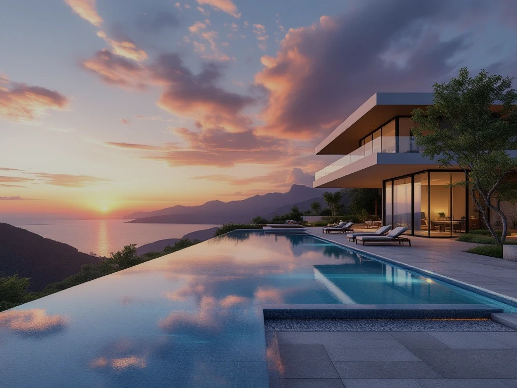 Sunset view from a luxury house with infinity pool